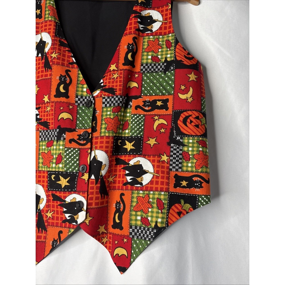 VTG Basic Editions M Halloween Fall Autumn Patchwork Vest Pumpkin Black Cat‎ - Picture 2 of 4